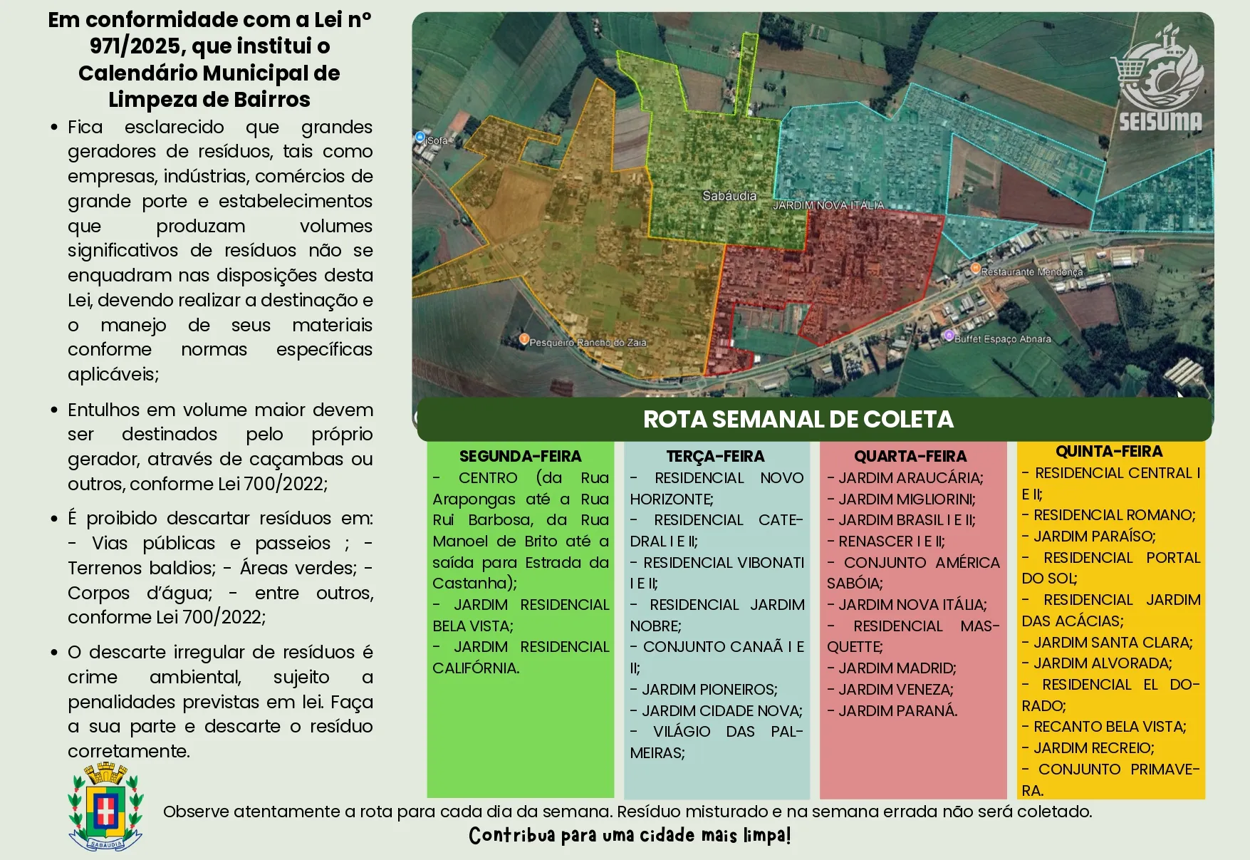 Prefeitura de Sabáudia divulga calendário de coleta de resíduos, galhos e volumosos