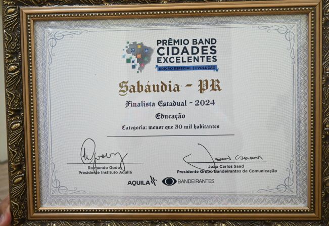 SABÁUDIA RECEBE PRÊMIO BAND CIDADES EXCELENTES