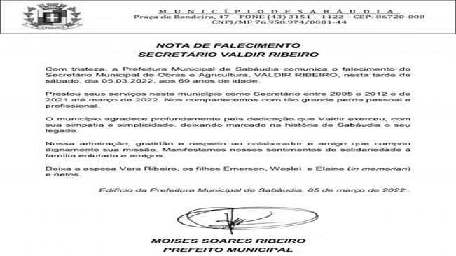 MORRE SECRETÁRIO VALDIR RIBEIRO
