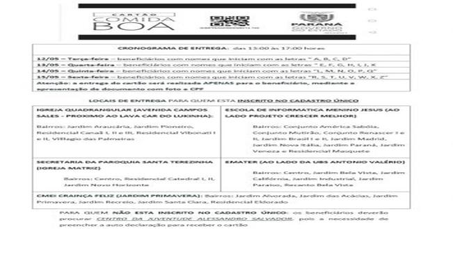 A entrega do Cartão Boa comida segue até sexta-feira (15). Caso se enquadre como beneficiário, fique atento aos locais de distribuição.